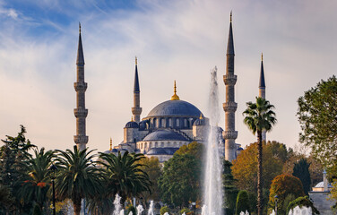 Sultan Ahmed or the Blue Mosque, majestic Ottoman era historical imperial mosque with blue tiles, major cultural and historic site in Istanbul, Turkey