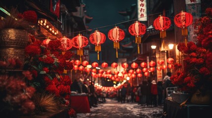 Celebration Chinese New Year in China town with red lantern and firework, happiness of people, Chinese holiday season - obrazy, fototapety, plakaty
