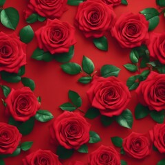 Obraz premium Valentine's Day Concept Red roses flower on red background. Copy space. Flower frame. Top view. High quality photo. Generative AI