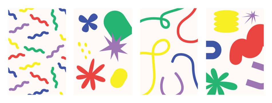 Geometric posters in trendy retro brutalist style. Naive playful abstract shapes backgrounds. Brutal contemporary figure circle oval wave patterns. Swiss design aesthetic