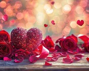Sparkling Heart and Roses Sparkling heart-shaped object, red roses, floating hearts, bokeh light background, romantic setting, Valentine's theme, scattered petals, love symbolism, festive mood
