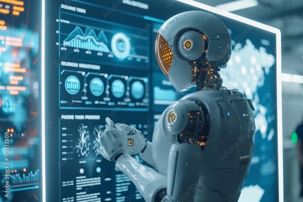 Aufkleber humanoid robot working with stock market data on screen.
