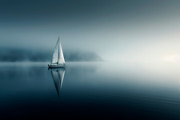 Generative AI background illustration of a sailboat in a calm sea - obrazy, fototapety, plakaty