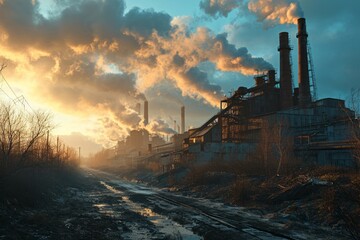 Fototapeta premium Industrial landscape with power plant at sunset, toned image.