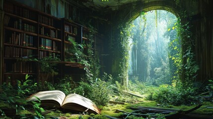 A tropical rainforest jungle appearing opening a book,