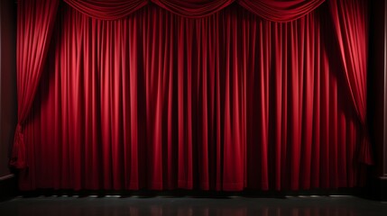enthralling stage anticipation. closed red curtain in spotlight, setting the mood for spectacular theatrical performance