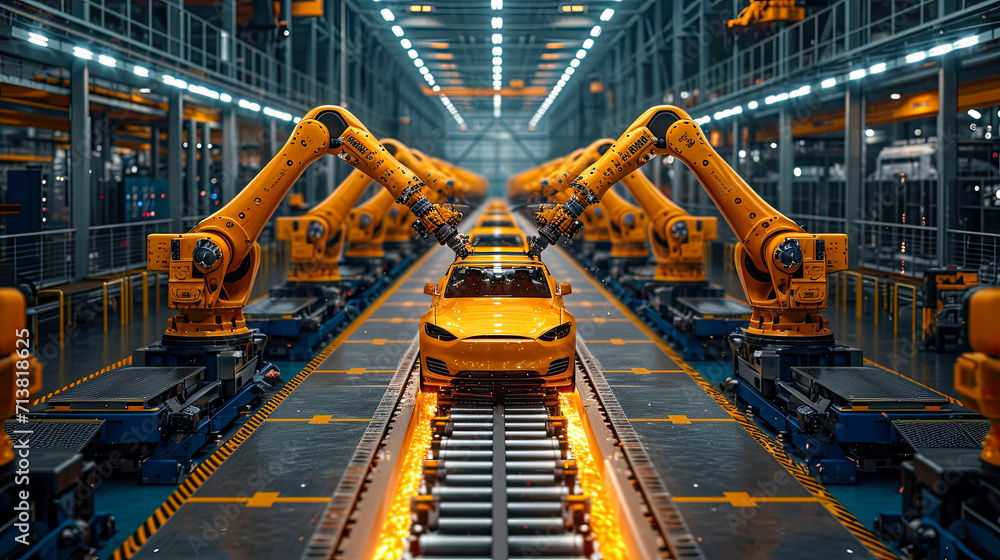 Poster robot arm assembly line in factory. concept of artificial intelligence for industrial revolution and