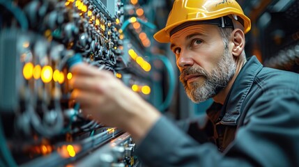 Portrait of a man in a helmet and work clothes standing in a power supply station, repair and adjustment by an electrician of an electrical panel