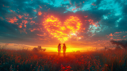 Romantic couple in love on the meadow at sunset background