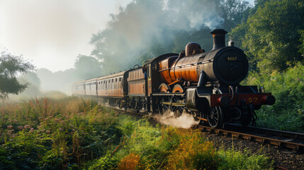 Fototapeta na wymiar Vintage steam locomotive on a foggy morning at sunrise.