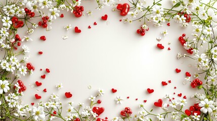 Obraz na płótnie Canvas Floral frame with white blossoms and red hearts on a white background, space for text in center, concept of love and spring, flat lay composition