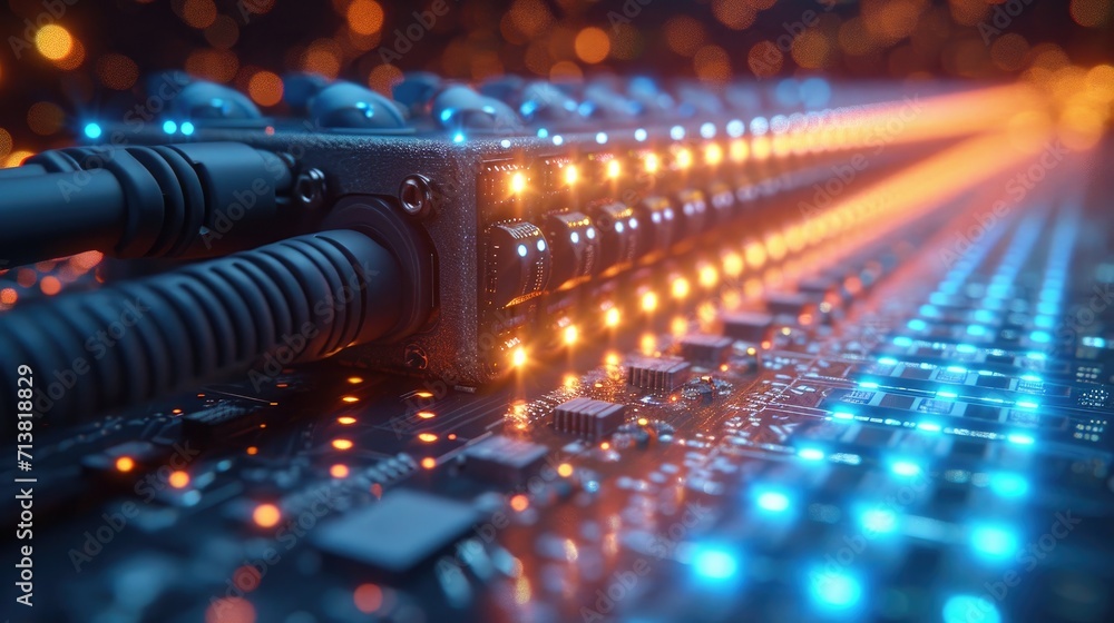 Poster close up of network cables in data center with colorful lights