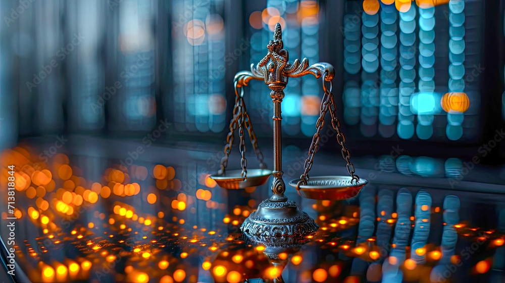 Poster scales of justice on abstract background with futuristic digital bokeh lights