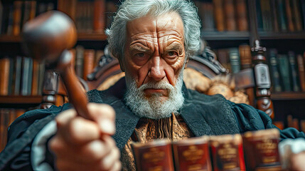 Portrait of an old man judge or lawyer in the library. Law and justice concept
