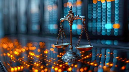 Scales of justice on abstract background with futuristic digital bokeh lights - obrazy, fototapety, plakaty