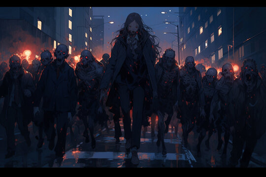 Zombies Walking Down A City Street At Night With A Woman In A Black Coat. Generative Ai.