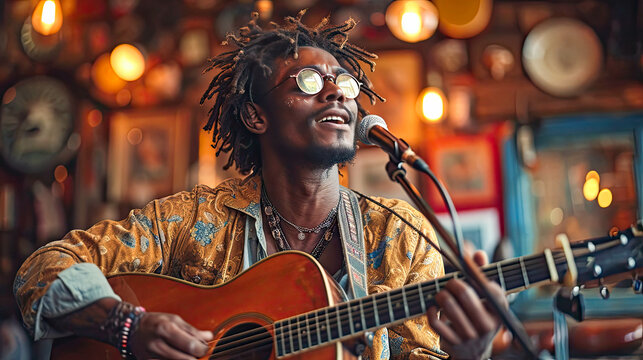 Handsome african american man singing and playing guitar in nightclub