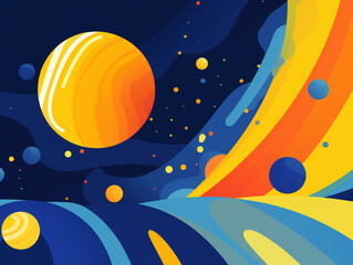 a yellow ball is surrounded by yellow bubbles and rays, in the style of bold outlines, flat colors, webcam, dark azure and orange, back button focus, elongated shapes, drugcore, simple, colorful illus