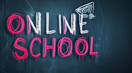 Back to ONLINE SCHOOL background with editable text effect and icon chalk style on black board. 3d Pencil Illustration.