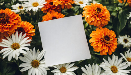 Blank paper sheet card with mockup copy space on orange and white flowers