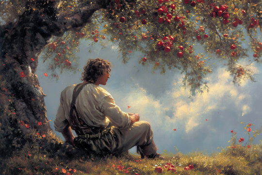 oil painting Isaac Newton discovered Newton's law of universal gravitation by seeing an apple fall from a tree.