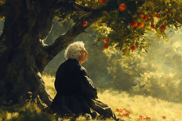 oil painting Isaac Newton discovered Newton's law of universal gravitation by seeing an apple fall from a tree. - obrazy, fototapety, plakaty