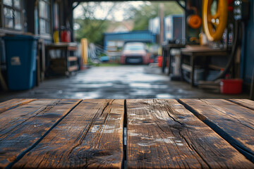 Obraz premium Foreground Wooden Table, Blur of a Car Repair Workshop, Garage Scene