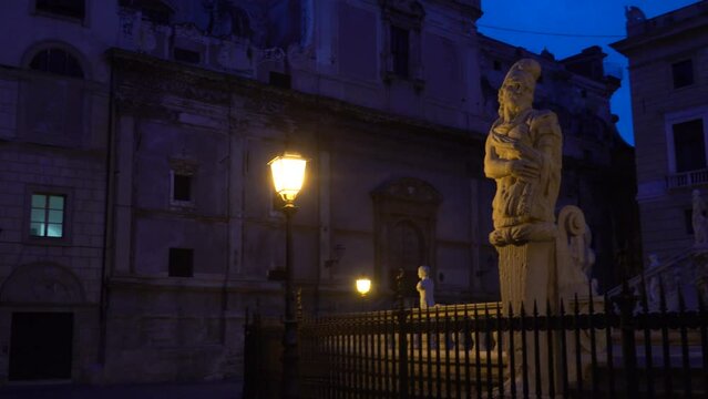 Palermo, Sicily, Italy The Praetorian Fountain and statues in the early morning. 