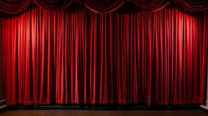 Closed red stage curtain in spotlight, setting the scene for spectacular performance