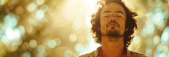 banner man meditating peacefully with eyes closed against a warm bokeh background, embodying concepts of wellness, mental health, and spiritual retreats.