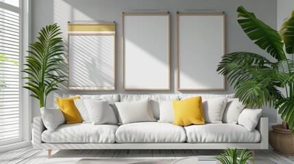 Modern Scandinavian-style living room with a large white couch, yellow accent pillows, and framed pictures on the wall.