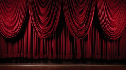 Closed red stage curtain illuminated in spotlight ahead of theatrical performance - obrazy, fototapety, plakaty