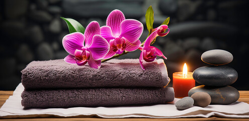 beautiful spa table with flowers and towels, candles