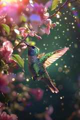 fantasy glitter hummingbird eating nectar from flowers portrait with sparkles and bokeh green background