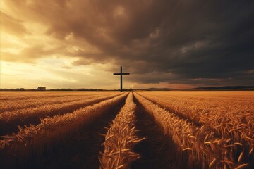 Thankful christian praying with cross in bountiful barley field, embracing thanksgiving - Powered by Adobe