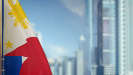 flag of Philippines on modern city architecture bokeh bg for state holiday - abstract 3D illustration
