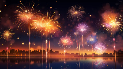 Happy New Year, burning fireworks with bokeh light background