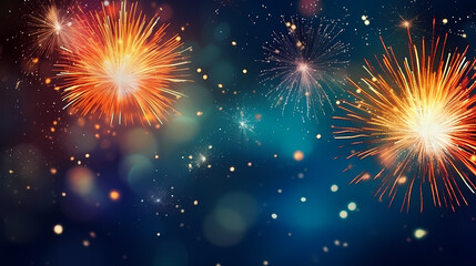 Naklejka premium Happy New Year, burning fireworks with bokeh light background
