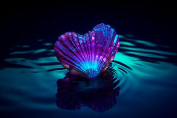 Heart shaped seashell on water. Purple illuminated marine love shell. Generate ai