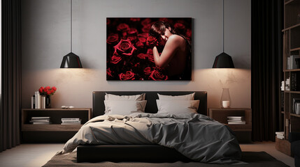 Modern interior design with rose poster, white walls, lights, bed and shelf. Created with Ai
