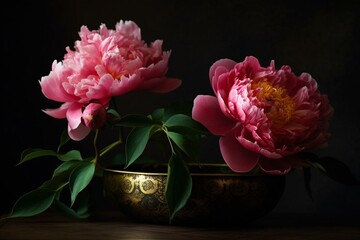 Two pink flowers in a vase on a table with green leaves, against a dark background. There is a gold leaf in the center and the peony has a gold center. Generative AI