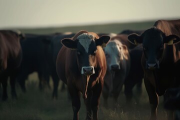 Herd bulls feeding. Mature and strong animals with black and white colors. Generate AI