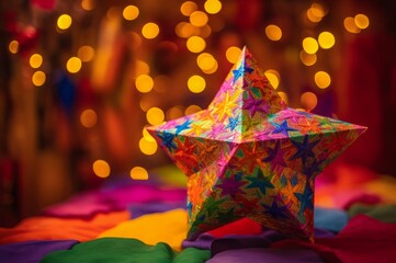 Hispanic vibrant multicolored decoration star. Celebration stellar shape on fiesta lights backdrop. Generate ai