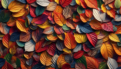 Vibrant Autumn Leaves Colorful Mosaic.A beautiful mosaic of autumn leaves in a rich spectrum of fall colors, symbolizing seasonal change. Generative AI