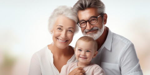 Portrait of happy senior couple with their grandchild over white background