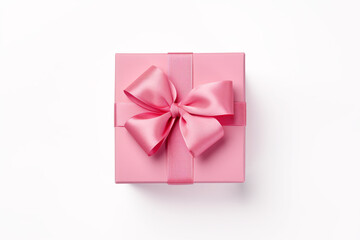 Top view of square shaped pink gift box with ribbon on white background
