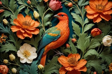 Fototapeta premium Nature's Embrace Generative AI's Bird, Rose, and Botanical Delight