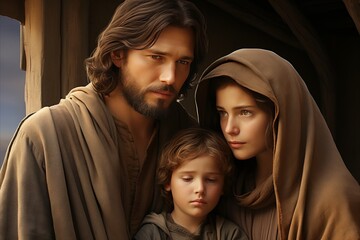 Holy family - traditional christian icon of jesus, mary, and saint joseph in religious art © sorin