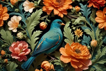 Obraz premium Nature's Embrace Generative AI's Bird, Rose, and Botanical Delight