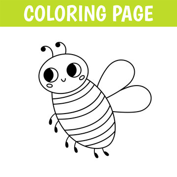 Insect Coloring Page, Cute Print With Line Bee. Printable Worksheet With Solution For School And Preschool. Vector Cartoon Illustration.